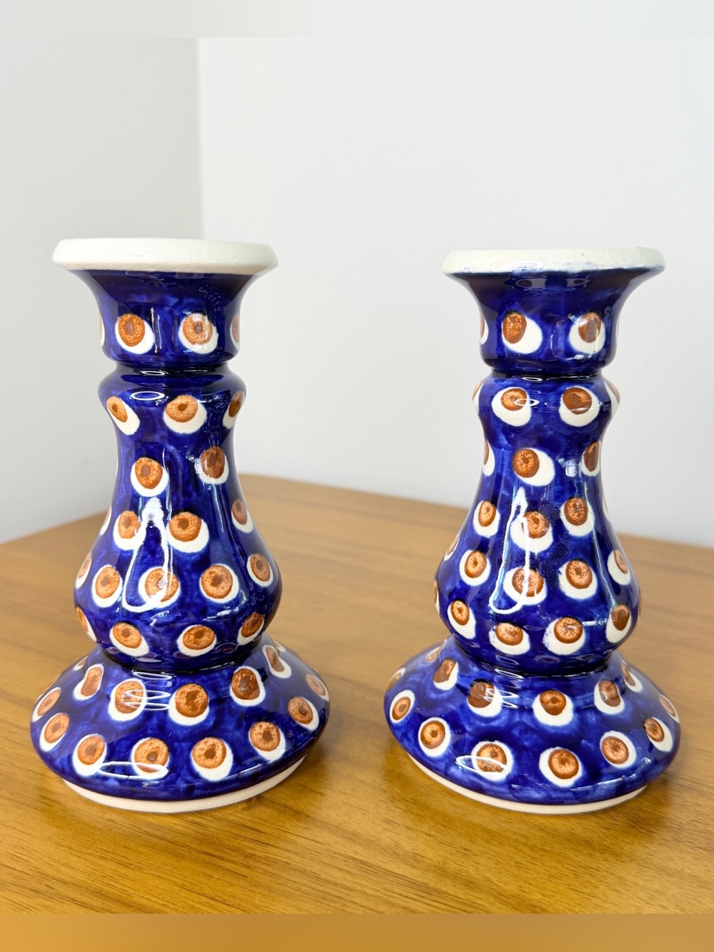 Vintage Folk Art Pottery Candlestick Holders Pair Cobalt Blue Polka Dot 6.75”